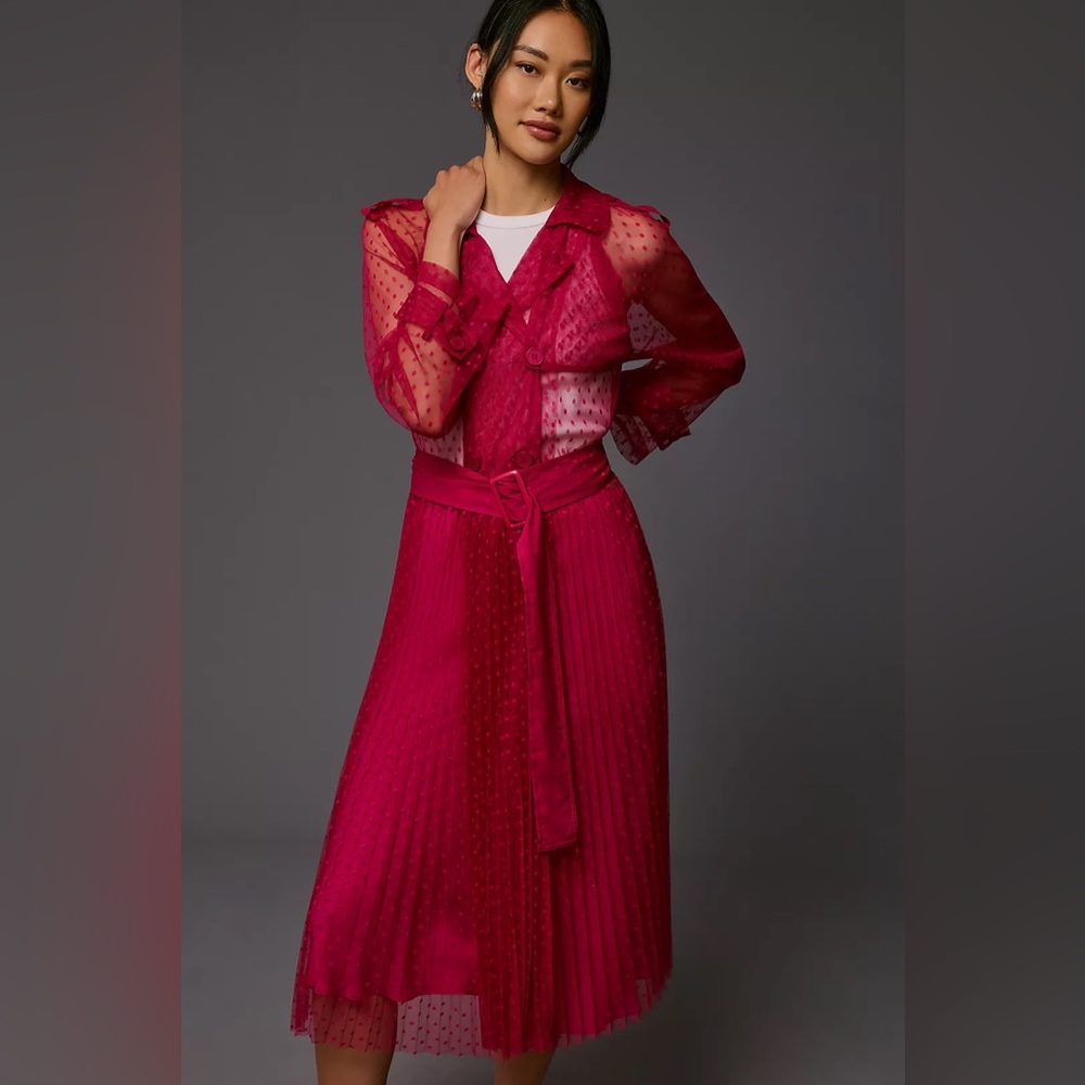Anthropologie Fuchsia Sheer Dotted Trench Dress - Picture 4 of 16